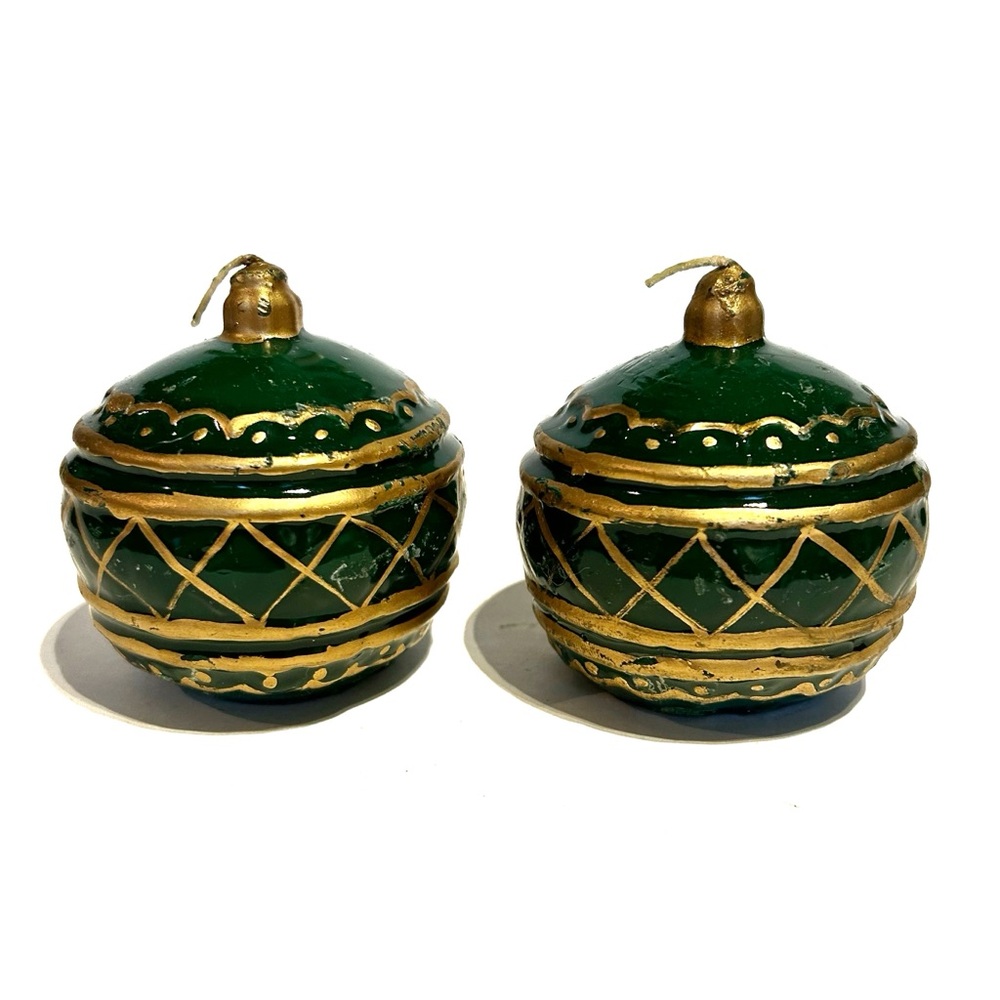 Vintage Christmas Bulb Tree Ornament Decorative Wax Candles Green Gold Holiday